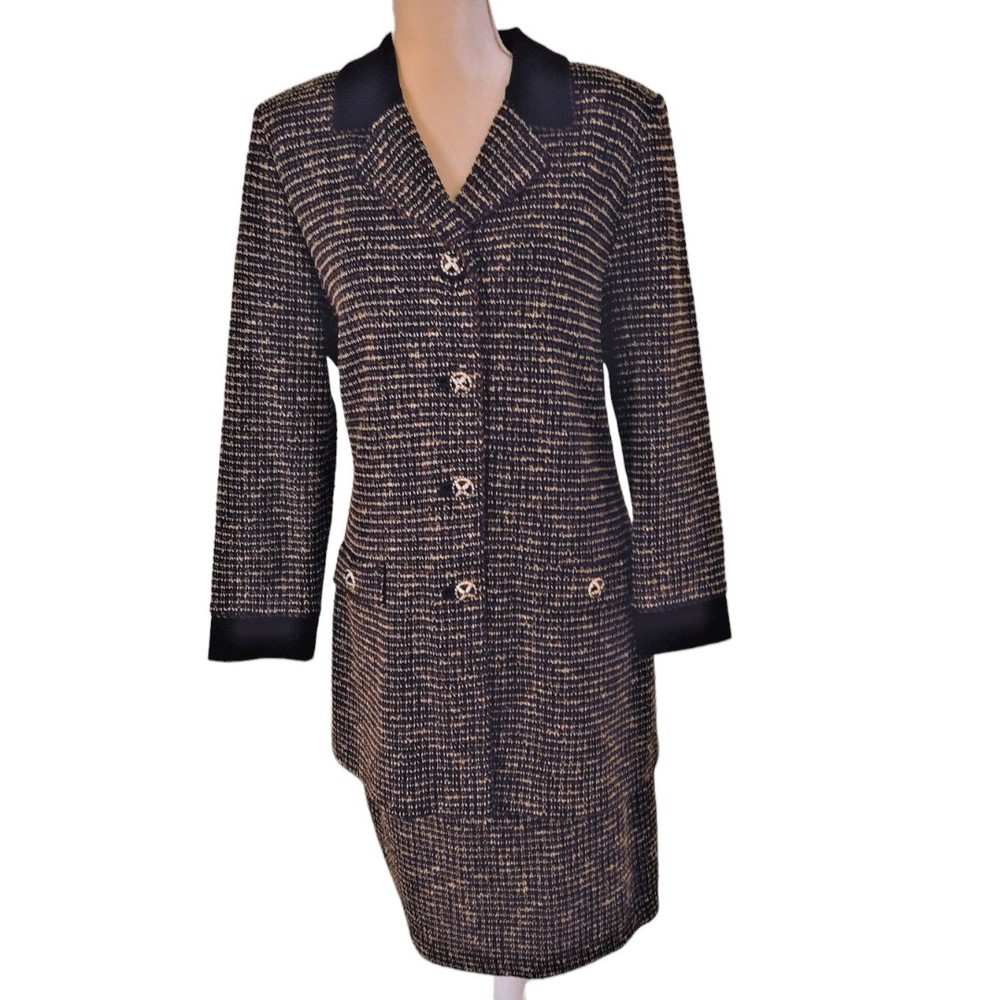 BEAUTIFUL St John Collection knit Black Gold Red jacket skirt suit size 16